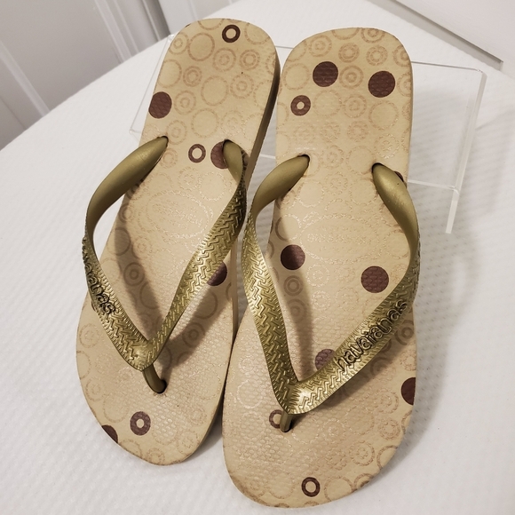 Havaianas Beige/brown/goldtone Flip Flop Sandals Size 39/40=US 8 - Picture 1 of 8